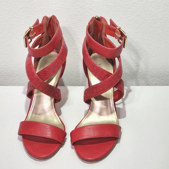 Xappeal Red Orange Strappy Shoes, Zip Back Buckle Kitten Heel, 6.5 - Picture 3 of 11